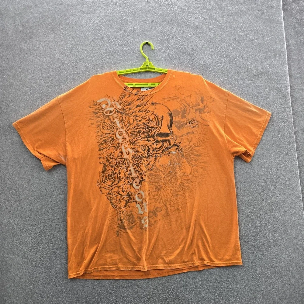 VINAGE Skull Men Shirt 3XL Orange Y2K Grunge MMA Skull Short Sleeve READ